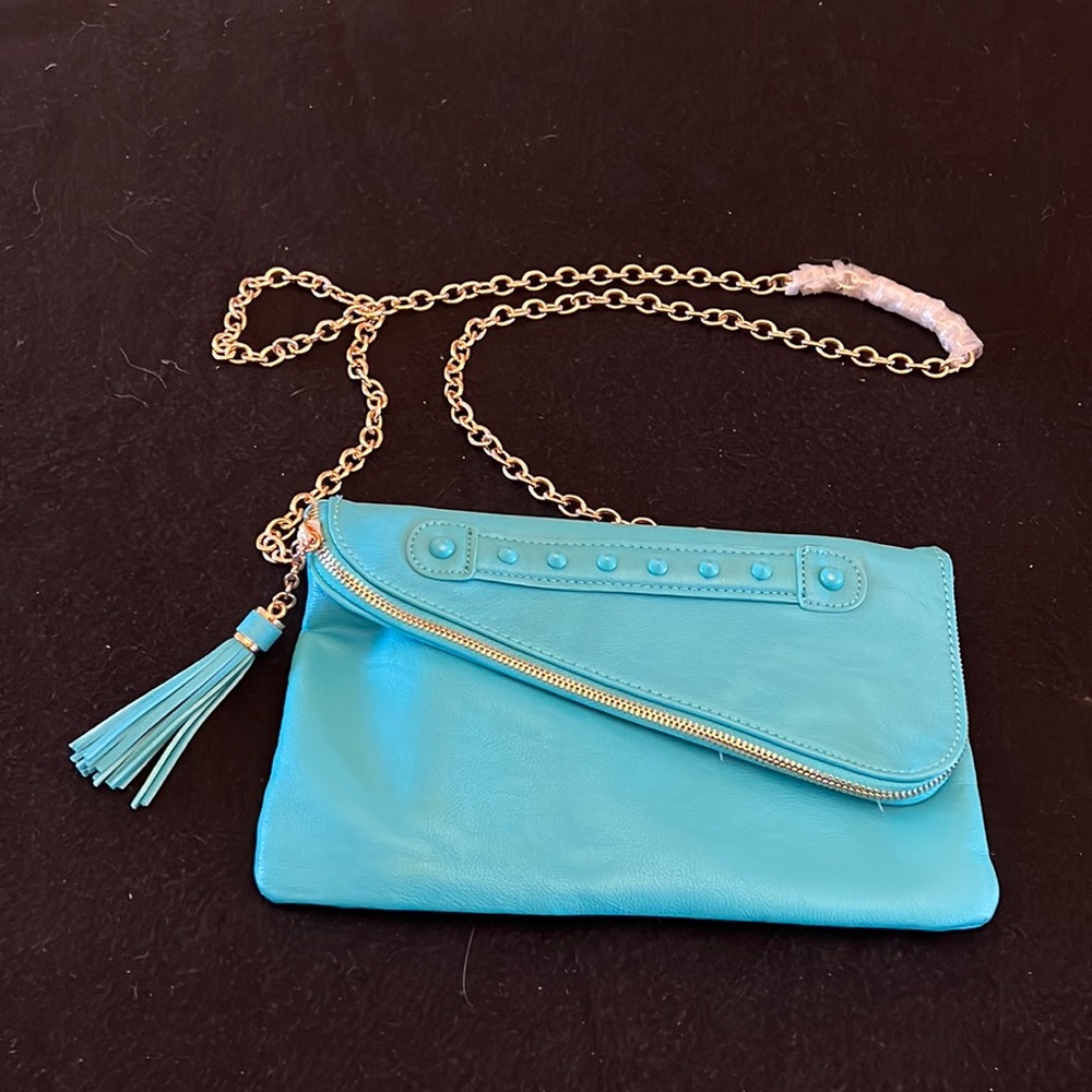 Aldo Turquoise Fold Over Faux Leather Tassel Crossbody Purse with Chain Strap